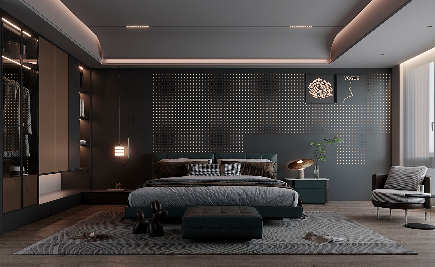 Dark bedroom with smart wall panels